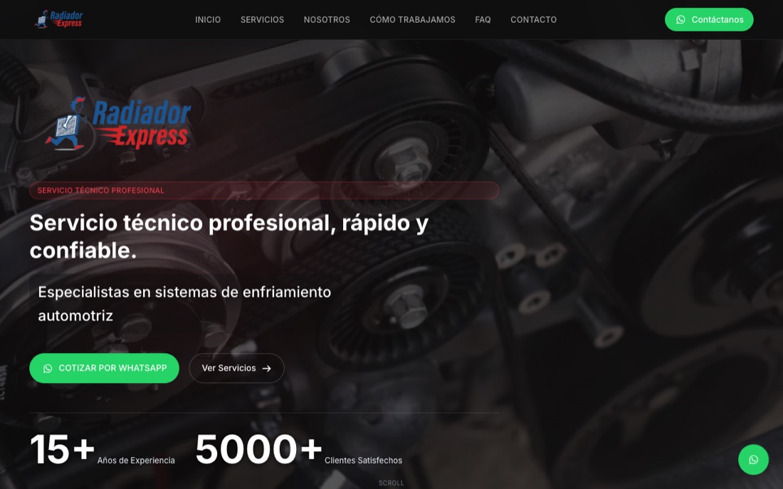 Captura del sitio de Radiadores Express, servicio técnico de radiadores